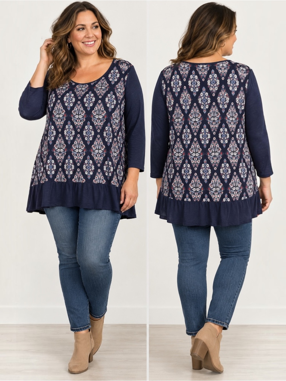 Lucky Brand 2X NWT Navy Medallion Boho Ruffle Hem Long Sleeve Top Plus